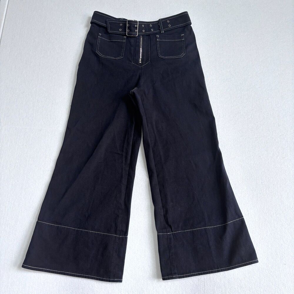 Miu Miu Wide Leg Denim Trouser Pant Women's 42 Dark Wash Belted Contrast Stitch
